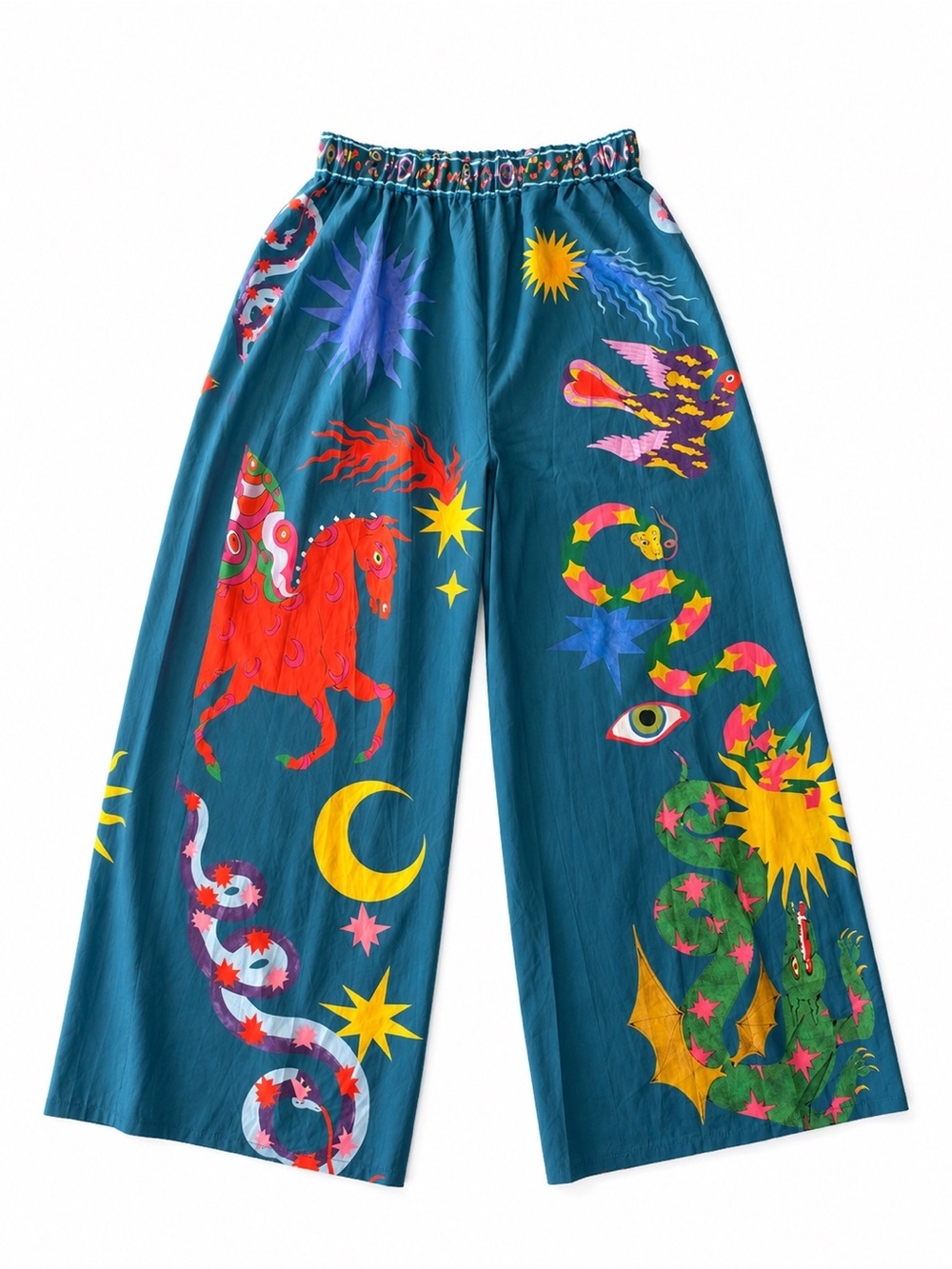 Teal Wide-Leg Printed Palazzo Pants with Colorful Celestial & Animal Motifs